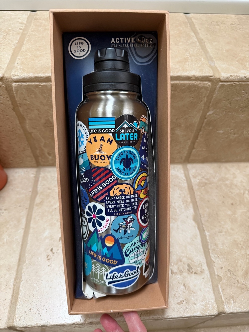 Life Is Good Stainless Steel Water Bottle 40 oz Silver Sticker Collage